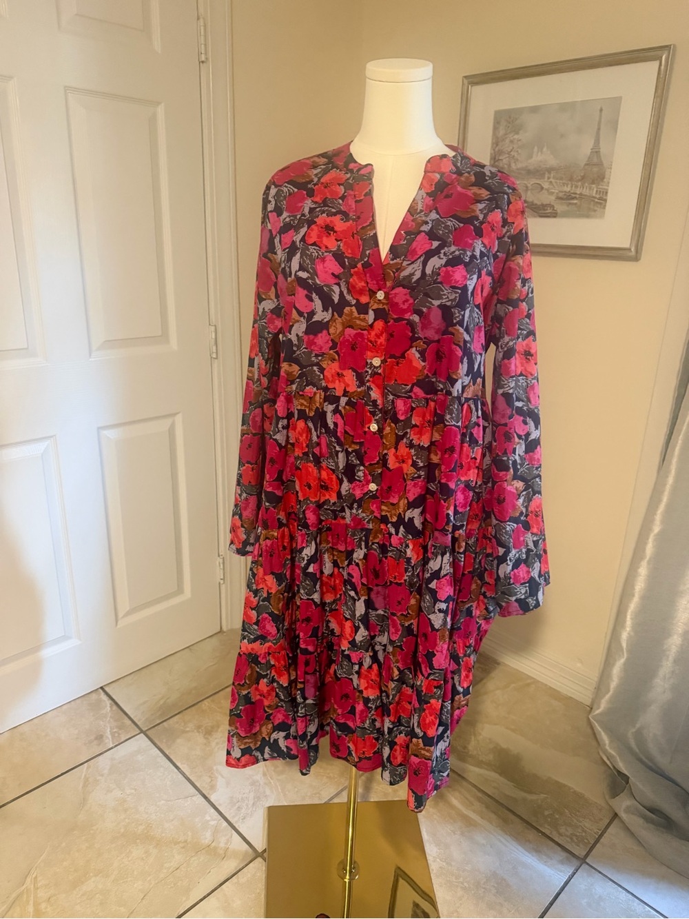 Long-Sleeve Floral Tiered Dress in Magenta and Black